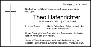 Traueranzeige von Theo Hafenrichter von Schwäbische Post
