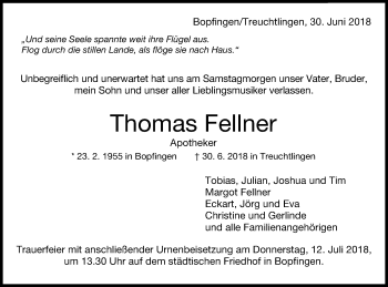 Traueranzeige von Thomas Fellner von Schwäbische Post