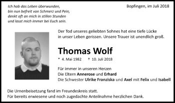 Traueranzeige von Thomas Wolf von Schwäbische Post