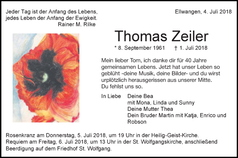  Traueranzeige für Thomas Zeiler vom 04.07.2018 aus Schwäbische Post