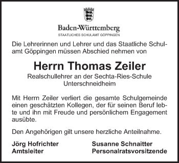 Traueranzeige von Thomas Zeiler von Schwäbische Post