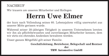 Traueranzeige von Uwe Elmer von Gmünder Tagespost