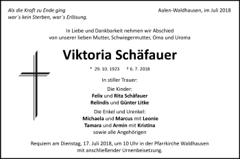 Traueranzeige von Viktoria Schäfauer von Schwäbische Post