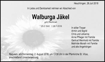 Traueranzeige von Walburga Jäkel von Gmünder Tagespost