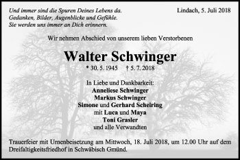 Traueranzeige von Walter Schwinger von Gmünder Tagespost