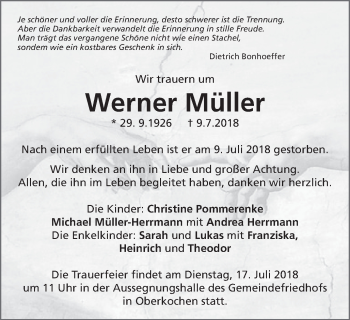 Traueranzeige von Werner Müller von Amtsblatt_Oko