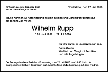 Traueranzeige von Wilhelm Rupp von Gmünder Tagespost