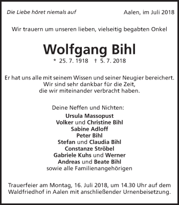 Traueranzeige von Wolfgang Bihl von Schwäbische Post