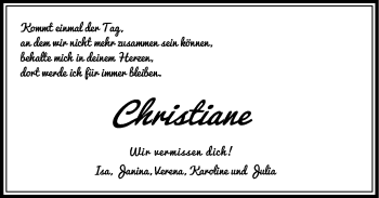 Traueranzeige von Christiane Wohlfahrt von Schwäbische Post