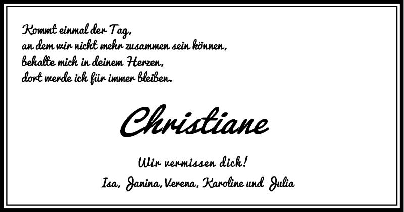  Traueranzeige für Christiane Wohlfahrt vom 23.07.2018 aus Schwäbische Post