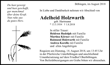 Traueranzeige von Adelheid Holzwarth von Gmünder Tagespost