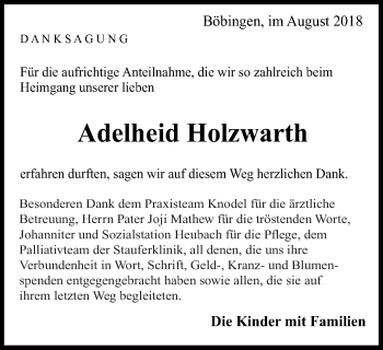 Traueranzeige von Adelheid Holzwarth von Gmünder Tagespost