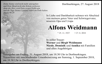 Traueranzeige von Alfons Weidmann von Schwäbische Post