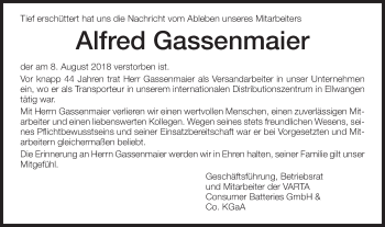 Traueranzeige von Alfred Gassenmaier von Schwäbische Post