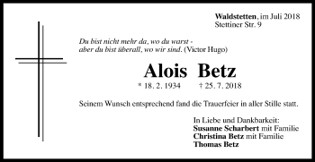Traueranzeige von Alois Betz von Gmünder Tagespost