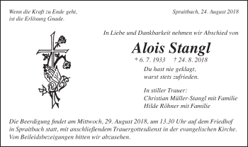 Traueranzeige von Alois Stangl von Gmünder Tagespost
