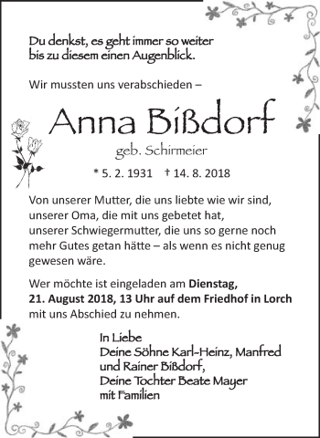 Traueranzeige von Anna Bißdorf von Gmünder Tagespost
