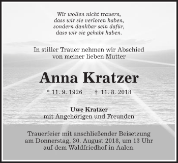Traueranzeige von Anna Kratzer von Schwäbische Post