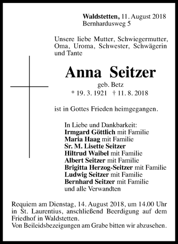Traueranzeige von Anna Seitzer von Gmünder Tagespost