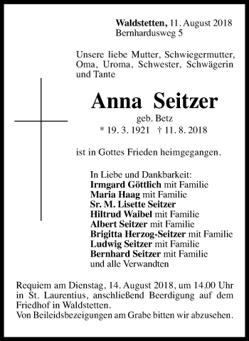 Traueranzeige von Anna Seitzer