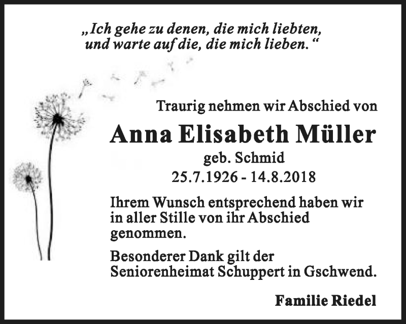  Traueranzeige für Anna Elisabeth Müller vom 22.08.2018 aus Gmünder Tagespost