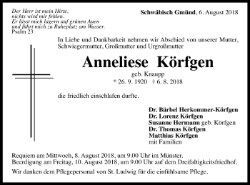 Traueranzeige von Anneliese Körfgen von Gmünder Tagespost