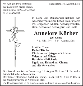 Traueranzeige von Annelore Körber von Schwäbische Post
