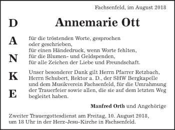 Traueranzeige von Annemarie Ott von Schwäbische Post