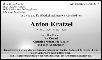 Traueranzeige von Anton Kratzel von Schwäbische Post