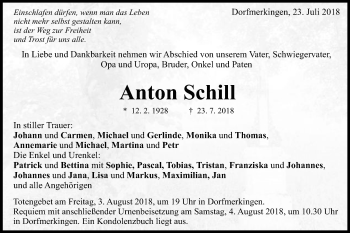 Traueranzeige von Anton Schill von Schwäbische Post