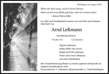 Traueranzeige von Arnd Leßmann von Schwäbische Post