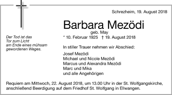 Traueranzeige von Barbara Mezödi von Schwäbische Post