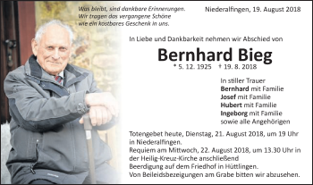 Traueranzeige von Bernhard Bieg von Schwäbische Post