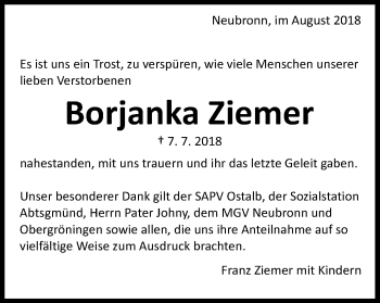 Traueranzeige von Borjanka Ziemer von Schwäbische Post