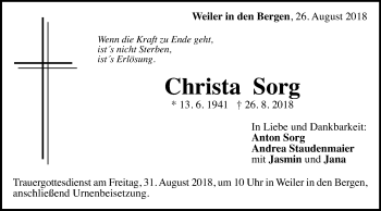Traueranzeige von Christa Sorg von Gmünder Tagespost