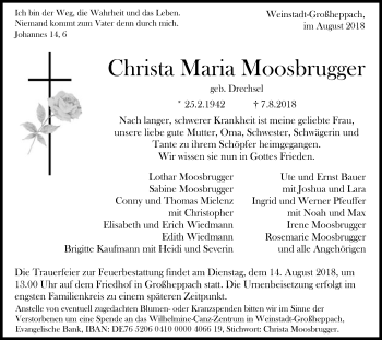 Traueranzeige von Christa Maria Moosbrugger von Schwäbische Post