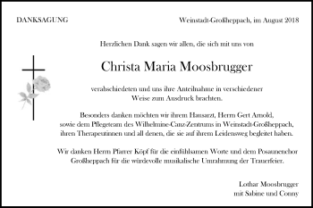 Traueranzeige von Christa Maria Moosbrugger von Schwäbische Post