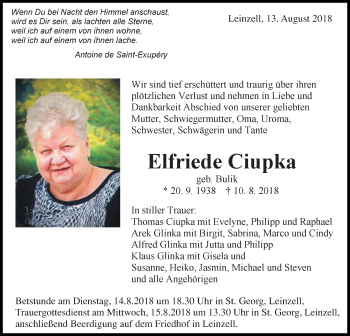 Traueranzeige von Elfriede Ciupka