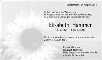 Traueranzeige von Elisabeth Hammer von Gmünder Tagespost