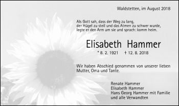 Traueranzeige von Elisabeth Hammer