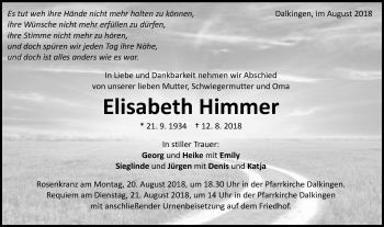 Traueranzeige von Elisabeth Himmer von Schwäbische Post