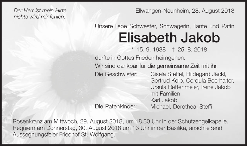  Traueranzeige für Elisabeth Jakob vom 28.08.2018 aus Schwäbische Post