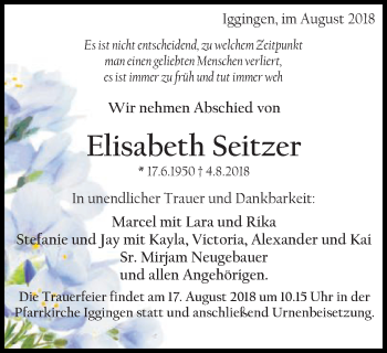 Traueranzeige von Elisabeth Seitzer von Gmünder Tagespost