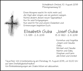 Traueranzeige von Elisabeth und Josef Guba von Gmünder Tagespost