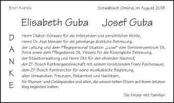 Traueranzeige von Elisabeth und Josef Guba von Gmünder Tagespost