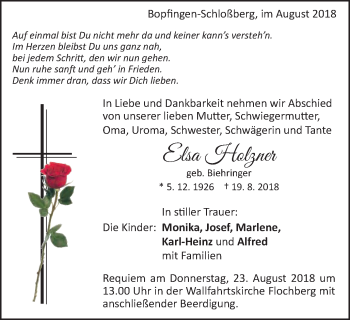 Traueranzeige von Elsa Holzner von Schwäbische Post