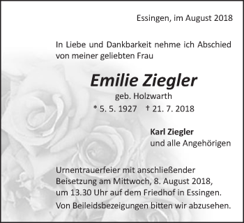 Traueranzeige von Emilie Ziegler von Schwäbische Post
