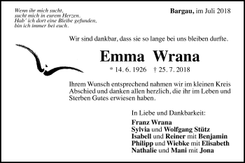 Traueranzeige von Emma Wrana von Gmünder Tagespost