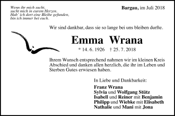 Traueranzeige von Emma Wrana