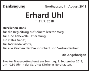 Traueranzeige von Erhard Uhl von Schwäbische Post